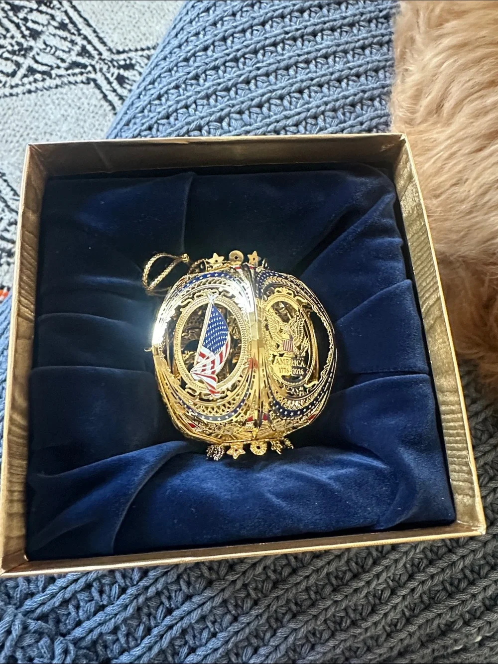 Gold Filigree Holiday Ornament with American Flag Detail